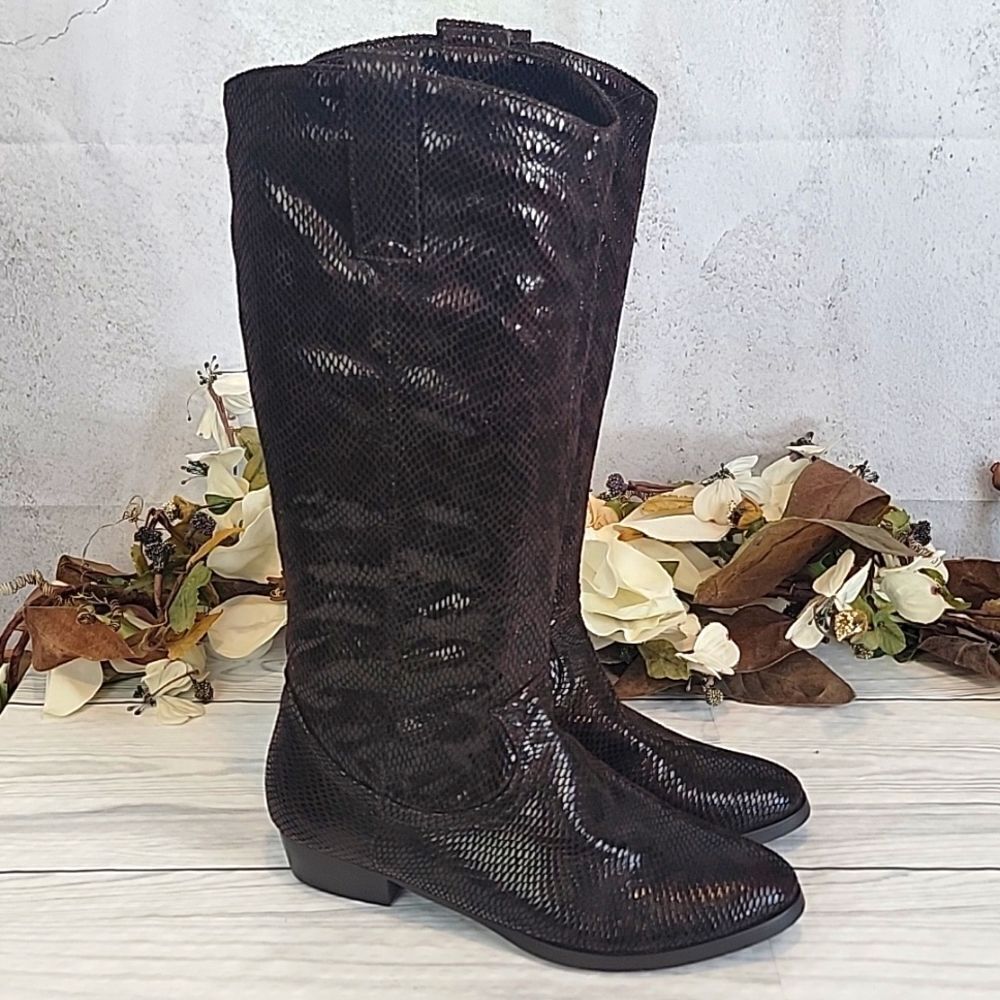 Honey Bee Knee High Python Textured Fabric Boots … - image 1